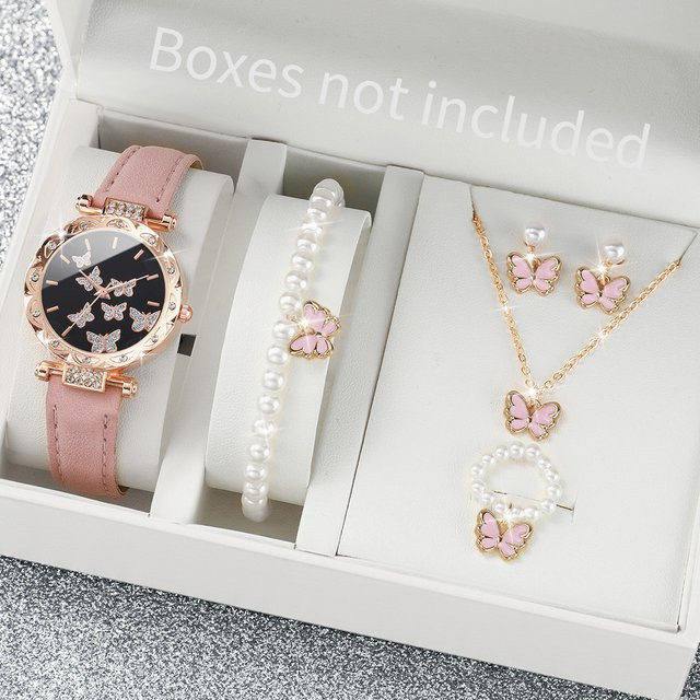 Schmuck-Set mit Armbanduhr, Schmetterling, Roségold, Leder, Zirkonia, Perle, Damen - Bild 1