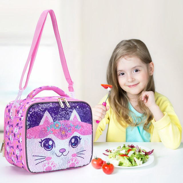 BLING BABIES Lunchtasche für Mädchen in Pink mit niedlichem Cartoon-Kitty-Design und Pailletten für Grundschüler - Bild 1