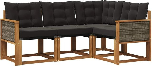 vidaXL Outdoor-Sofagarnitur L-Form aus massivem Akazienholz mit Textilene und Kissen, Schwarz/Natur - Bild 1