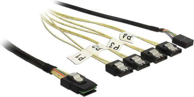 Delock Mini SAS SFF-8087 auf 4 x SATA 7 Pin Reverse + Sideband Kabel in Schwarz, Länge: 1 m (83319) - Bild 1