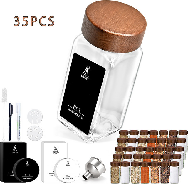 SAEIV Gewürzgläser Set aus Glas mit Holzdeckel in Rosewood, 35 Stück, quadratische Gläser mit wasserfesten Etiketten, Volumen: 120 ml pro Glas, Farbe: Braun und Transparent - Bild 1