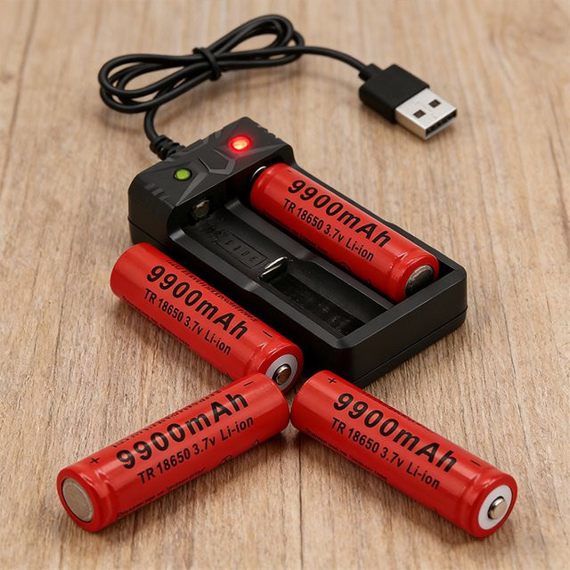 Rscrola 18650 Li-Ion Akku Set mit Ladegerät, 9900 mAh, Button-Top, Farbe: Rot - Bild 1