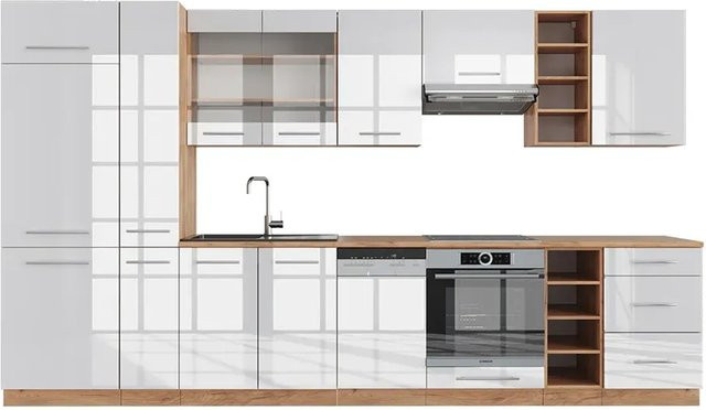 Vicco Fame-Line Küchenzeile Weiß Hochglanz und Eiche, Breite: 355 cm, modern mit Soft-Close-Türen - Bild 1