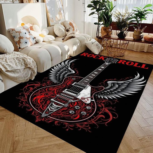 Karpetti Teppich mit Gitarrenmotiv in Schwarz, rutschfest und waschbar, B/T: 60 x 40 cm - Bild 1