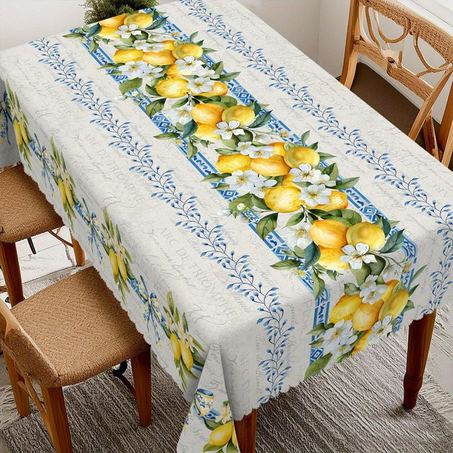 Rechteckige Tischdecke von JINGYUE Pet mit Zitronenblüten und blauem Band, Muster aus gelben Zitronen und grünen Blättern, B/B/H: 140 x 200 cm - Bild 1