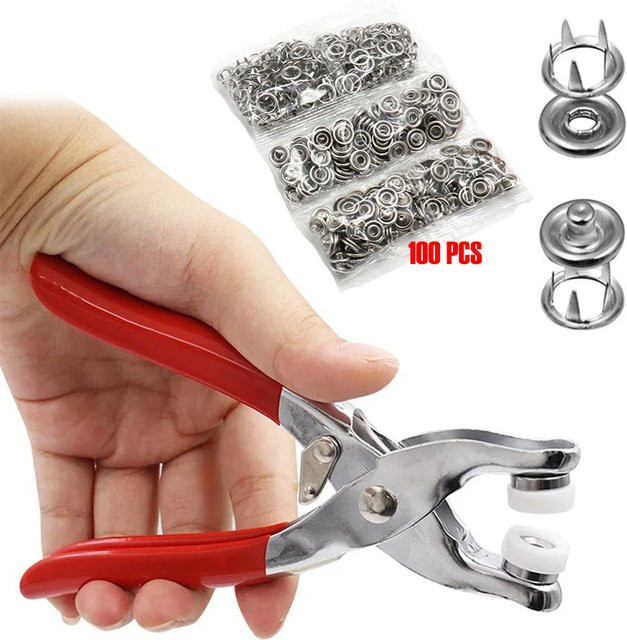 AXE SHAN Metall Druckknopf Set mit 100 Stück Fünf-zinken Button-Installation Zange für DIY Näharbeiten in Silber - Bild 1