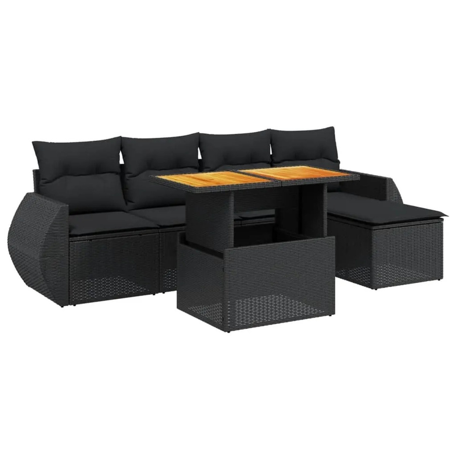 vidaXL 6-tlg Garten-Sofagarnitur aus Poly-Rattan und Akazienholz in Schwarz mit Kissen - Bild 2