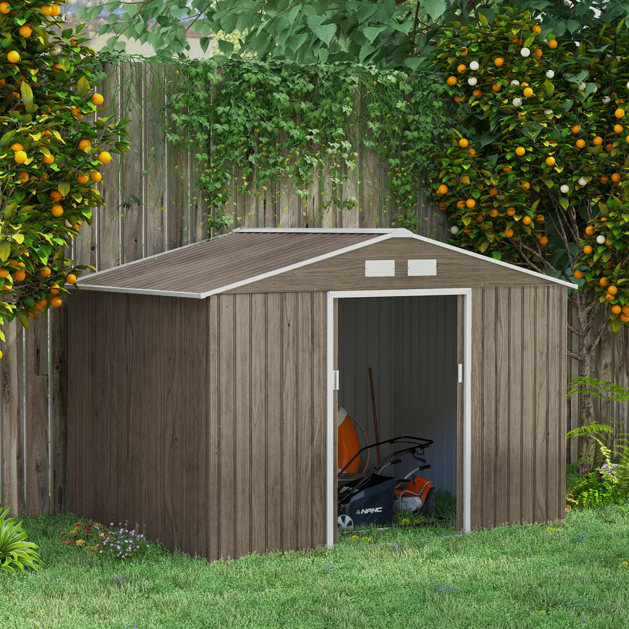Outsunny Gerätehaus aus verzinktem Stahl mit Pultdach und Schiebetür, Braun, B: 277 cm, T: 195 cm, H: 192 cm - Bild 2