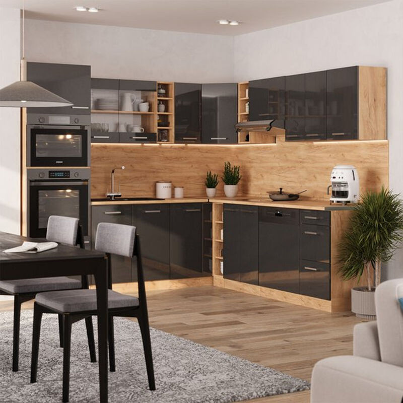 Vicco Eckküche R-Line in Anthrazit Hochglanz und Goldkraft Eiche, moderne Winkelküche aus Holzwerkstoff mit Drehtüren, B/T/H: 254,27 x 60 x 82 cm - Bild 1