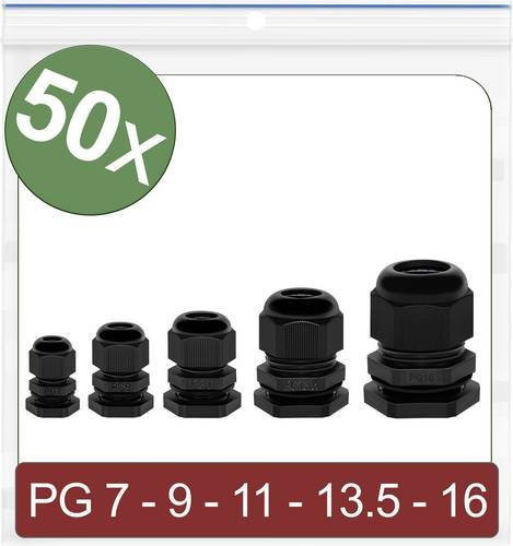 Quadrios 24CA388 Kabelverschraubung aus Polyamid in Schwarz, 50 Stück (PG7, PG9, PG11, PG13.5, PG16) - Bild 1