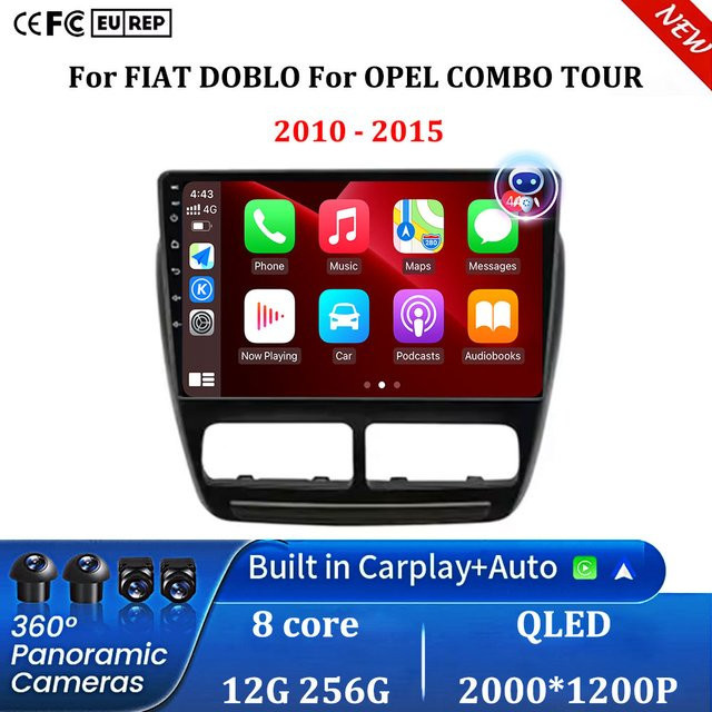 KJ-NAVI Android 16 Autoradio für FIAT DOBLO und OPEL COMBO TOUR 2010-2015 mit GPS Navi, 2K QLED Display, DSP, Carplay, WiFi und 4G in Schwarz - Bild 1