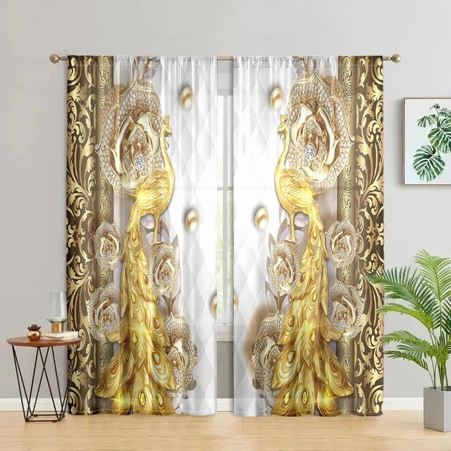 2 Stück Pfauenvorhänge von Household supplies MH in Gold, halbtransparent mit Stangentasche, B: 200 cm, H: 220 cm - Bild 1