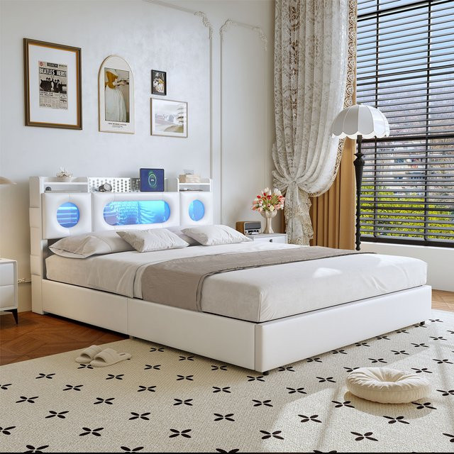 FEEOHOME Boxspringbett mit Stauraum aus PU Kunstleder, Polsterbett mit hydraulischem Bettkasten und offenen Regalen, B/T: 140 x 200 cm - Bild 1