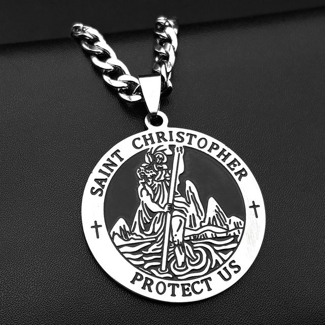JYTF Halskette Saint Christopher Protect Us Emaille-Medaillen-Anhänger, Edelstahl, Silber, Unisex - Bild 1