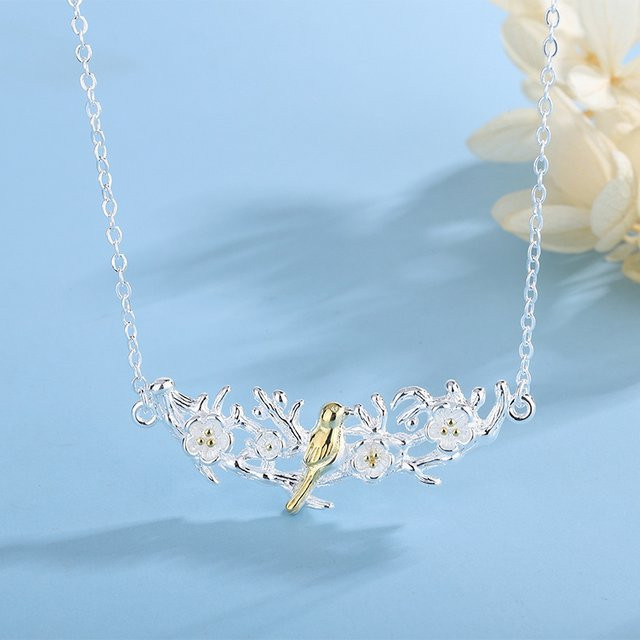 GaGa-Duck Zierkette 925 Silber, Pflaumenblüten, Vogelmotiv - Bild 1