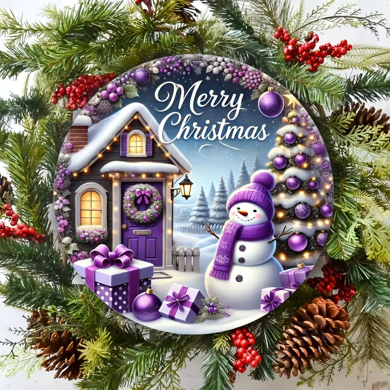 Potdemiel Rundes Aluminiumschild Frohe Weihnachten mit lila Schneemann, Durchmesser: 20,3 cm - Bild 3