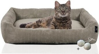 Rohrschneider Katzenbett aus Cord in Beige mit waschbarem Bezug und integriertem Spielzeug - Bild 1