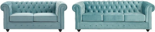 Vente-unique Chesterfield Couchgarnitur aus Samt in Hellblau bestehend aus 2-Sitzer und 3-Sitzer - Bild 1