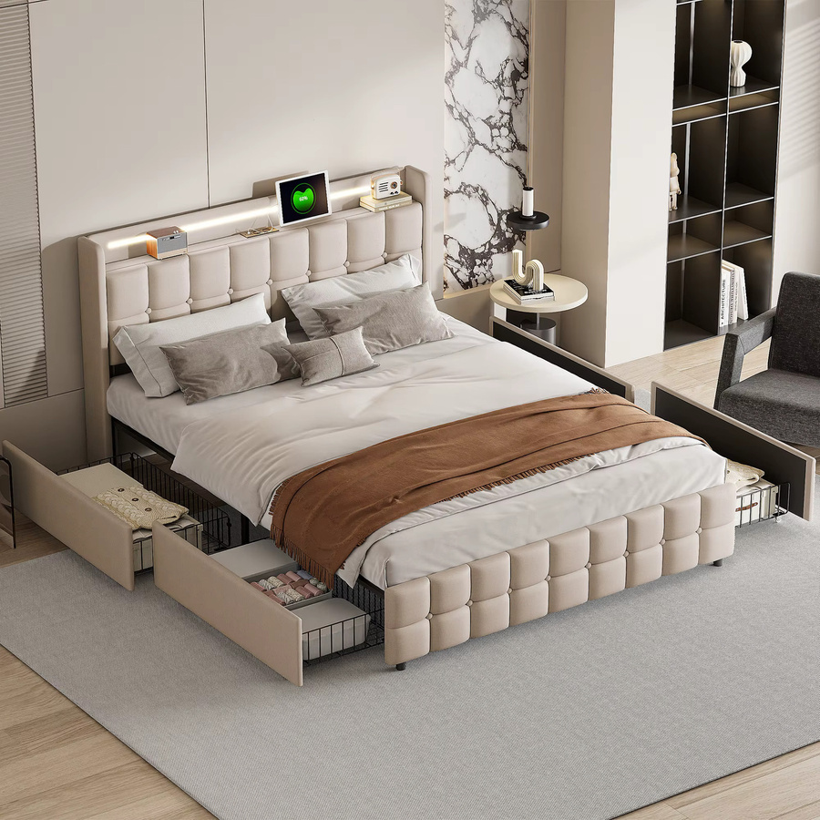 Anajqaqia Gepolstertes Doppelbett mit Stauraum und 4 Rollschubladen, Beige, B/T: 180 x 200 cm - Bild 2