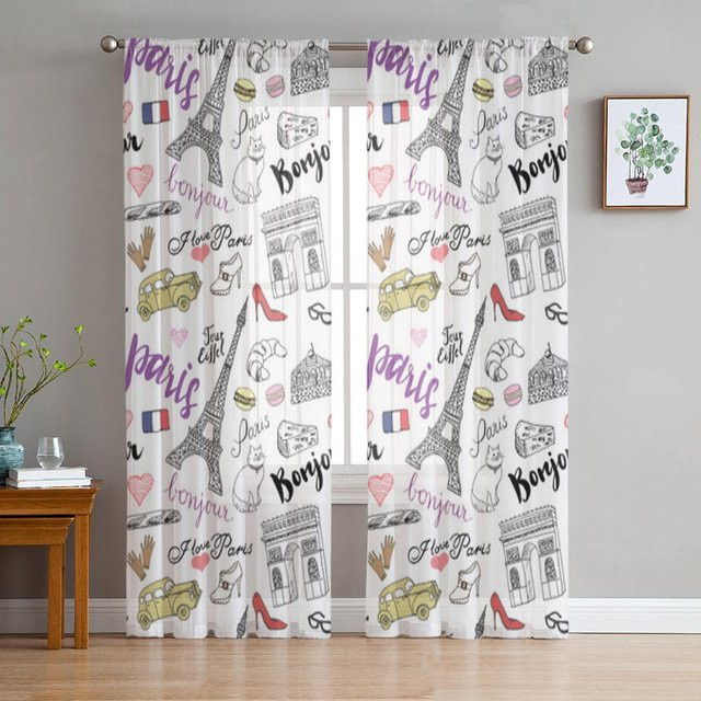Yiran Furniture Chiffon Vorhang Paris Motiv mit Eiffelturm und roten Lippen, transparent, B: 75 cm, H: 166 cm, 2er-Set - Bild 1