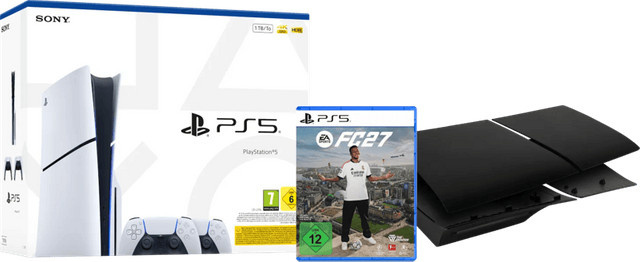 Sony PlayStation 5 Slim mit Laufwerk, FC 27, schwarze Cover und weißem Controller - Bild 1