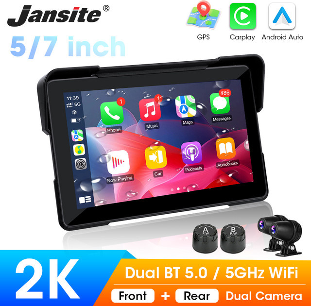 Jansite 7-Zoll GPS-Navigationsgerät für Motorräder mit 2K-Auflösung, IP67 wasserdicht, drahtlosem CarPlay, Android Auto, DVR Fahrrekorder und Wi-Fi in Schwarz - Bild 1