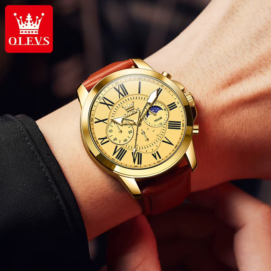 OLEVS Chronograph, Armbanduhr Quarz, Lederarmband, Gold, Herren - Bild 2