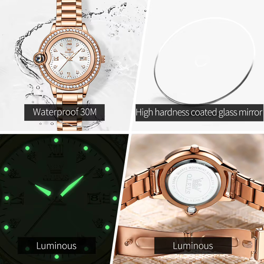 OLEVS Armbanduhr, Quarz, Edelstahl, Roségold, Diamantbesetzt, Damen - Bild 4