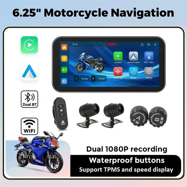 TomoStrong Tragbares Motorrad-Navigationssystem mit 6,25 Zoll Display, Wireless CarPlay und Android Auto, Dual-Kameras vorne und hinten, IP67 wasserdicht, Schwarz - Bild 1