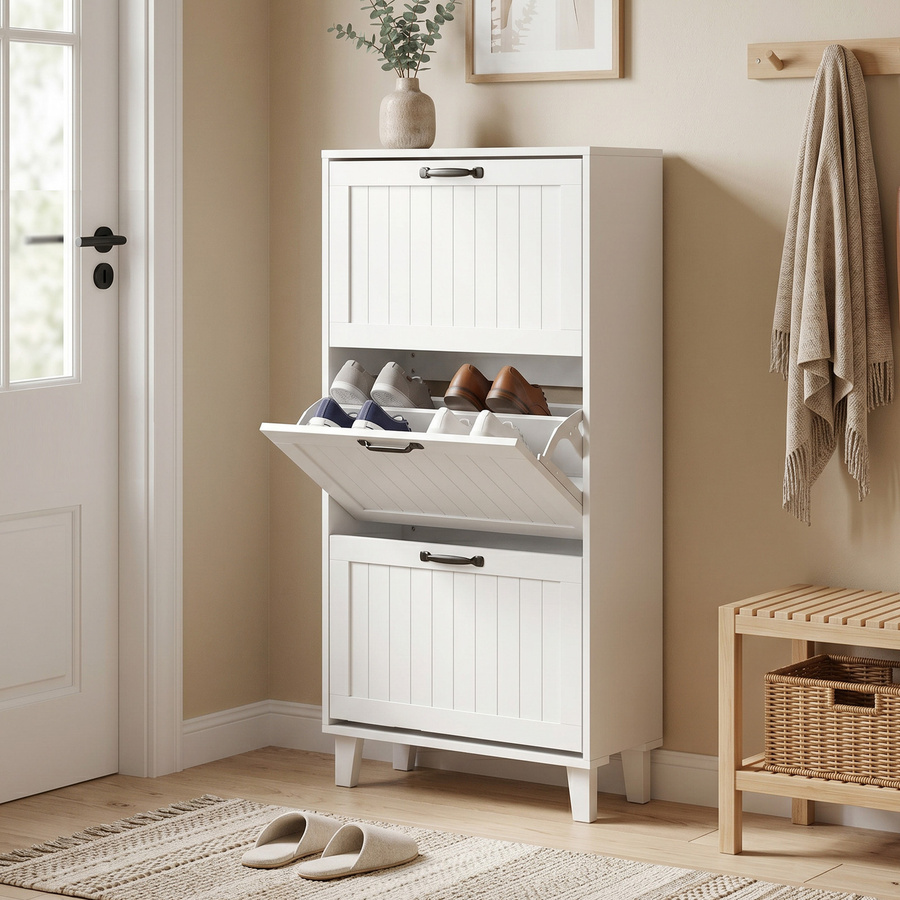 HOMCOM Slim-Schuhschrank Weiß mit 3 Klappfächern und Bambusfüßen, platzsparender Schuhschrank für den Flur mit verstellbaren Einlegeböden, B/T/H: 60 x 24 x 118 cm - Bild 2