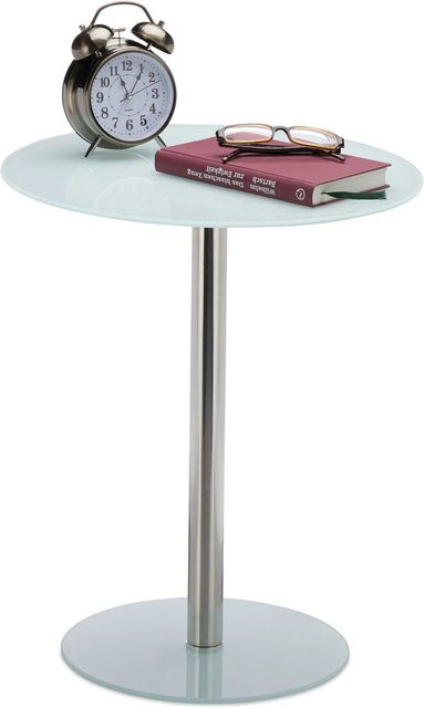 Relaxdays Beistelltisch aus Glas und Edelstahl in Weiß, rund und glänzend, B: 53 cm, T: 43 cm, H: 35 cm - Bild 1