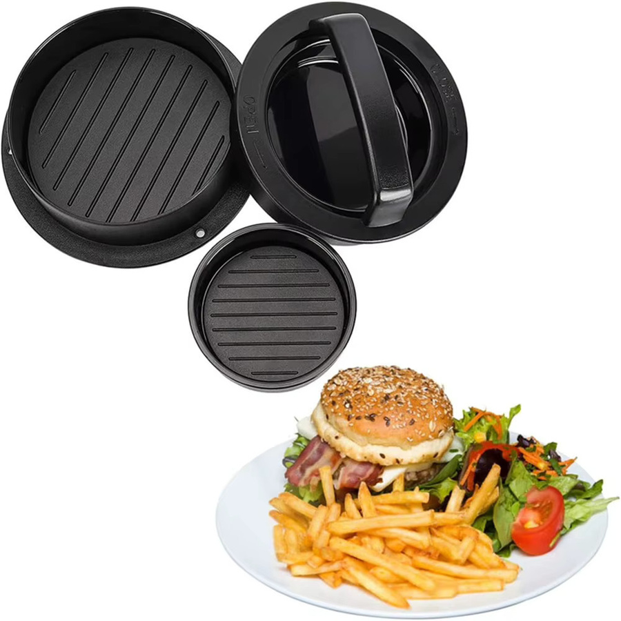 3-in-1 Hamburgerpresse in Schwarz für gefüllte Burger-Patties, runde Form, antihaftbeschichtete Grillpresse aus Kunststoff - Bild 4