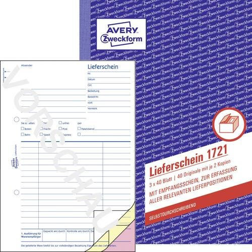Avery Zweckform Lieferschein 1721 mit Empfangsschein, Format DIN A5, 3 x 40 Blatt, Weiß/Gelb/Rosa, FSC-zertifiziertes Papier - Bild 1