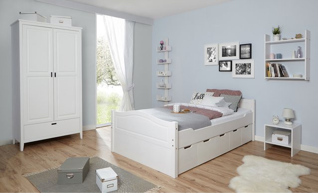 TiCAA Einzelbett Leni aus Kiefer mit Schubladen in Weiß, B/T/H: 120 x 200 x 78 cm - Bild 1