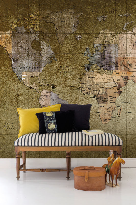 Coordonne Wandtapete Newspaper Map Weltkarte im Vintage-Stil aus Vlies und Papier in Gold und Braun - Bild 2