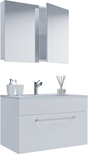 VCM 3-tlg. Badmöbel Set Badinos modern in Weiß mit Waschbecken aus Keramik, Spiegelschrank aus Glas und hängendem Unterschrank, Breite: 80 cm - Bild 1