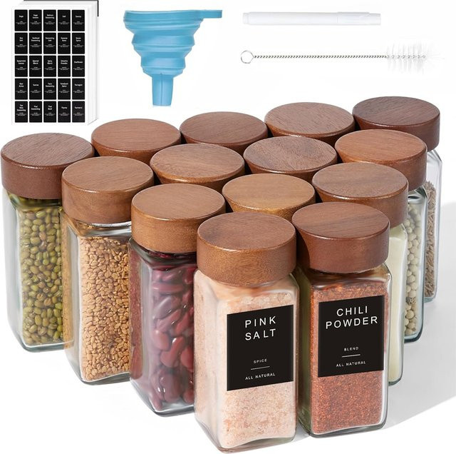 EliteHMX Set aus 12 quadratischen Gewürzgläsern aus Glas mit Akazienholzdeckel und Etiketten, transparent, 118 ml pro Glas - Bild 1