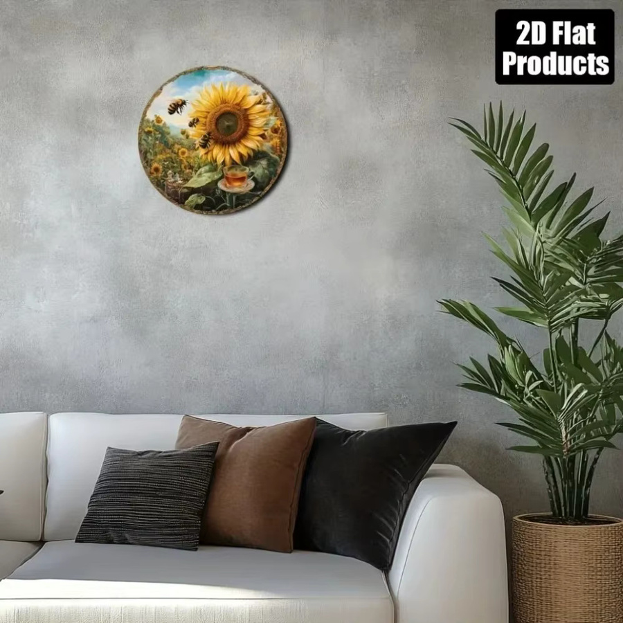 CIFBUY Vintage Sonnenblumen Metallschild in Gelb und Weiß, runde Retro-Wanddekoration mit Bienen-Motiv, Durchmesser: 40 cm - Bild 3