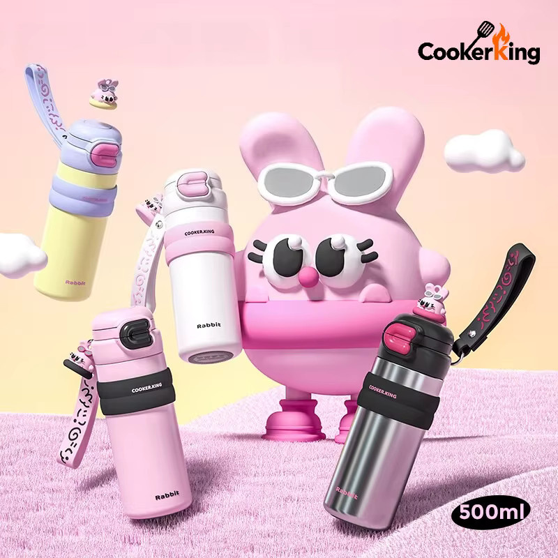 COOKER KING Isolierbecher Kaninchen-Design in Pink, 500 ml Kinder-Thermosflasche mit Strohhalm aus Edelstahl und PP - Bild 1