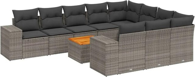 vidaXL 11-tlg. Garten-Sofagarnitur in L-Form aus Polyrattan und Akazienholz mit grauen Kissen - Bild 1