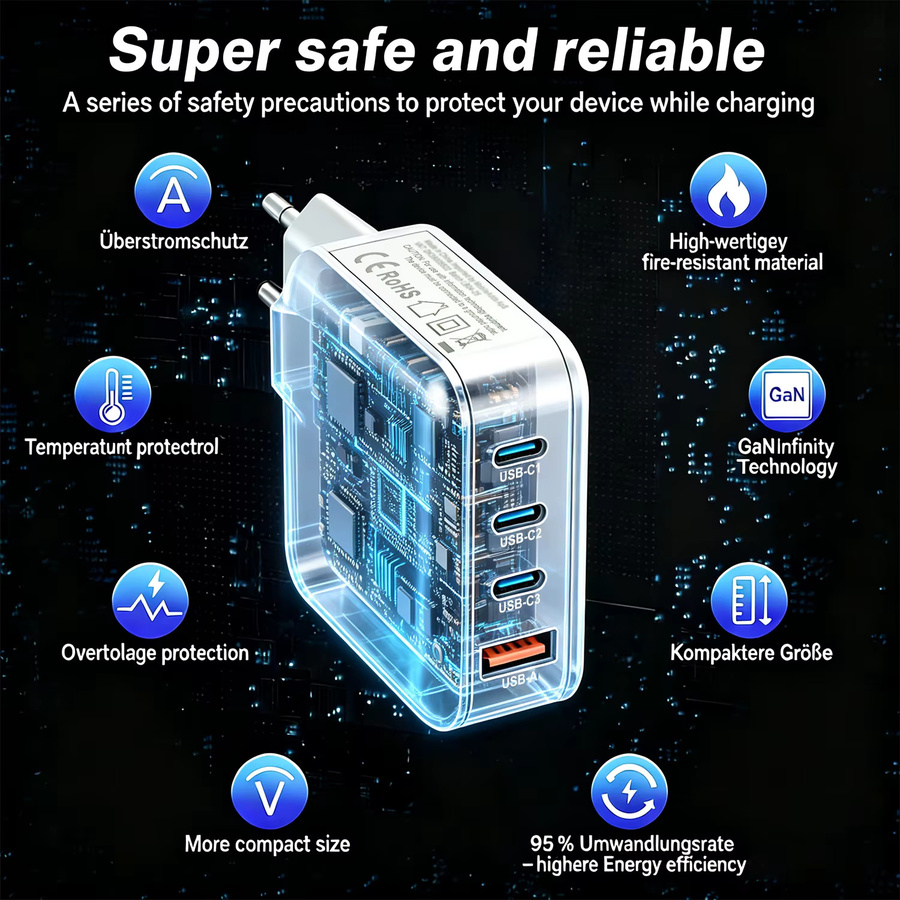 OBHO 100W GaN Schnellladegerät mit 4 Ports (3C1A) in Weiß, PD und PPS Wandadapter für MacBook, iPad und iPhone - Bild 3