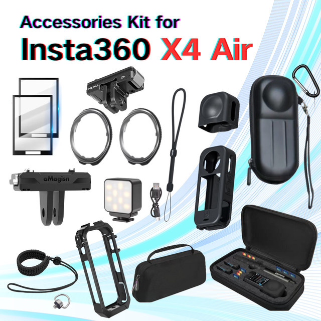 DJI Insta360 X4 Air Zubehör-Set in Schwarz mit Displayschutzfolie, Objektivschutz, Silikon-Schutzhülle, Metall-Magnetadapter, Rahmenkäfig und Beleuchtung - Bild 1