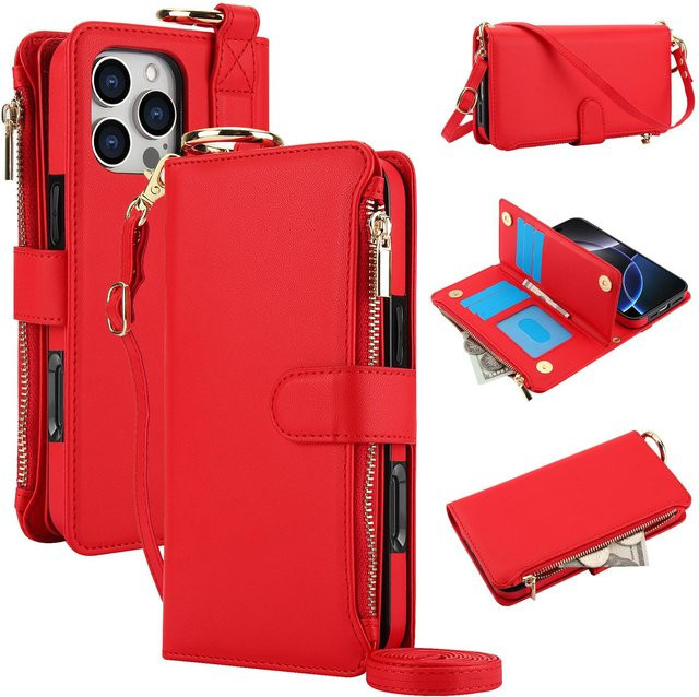 QGeeM Leder Geldbörse Hülle mit Reißverschluss und Ring Lanyard für iPhone 17 16 15 14 13 12 11 Pro Max Plus in Rot - Bild 1