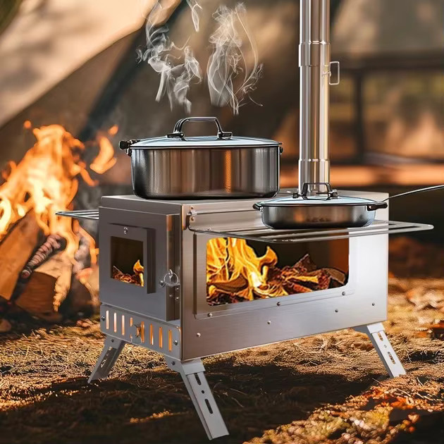 Unho Tragbarer Holzofen aus Edelstahl in Silber mit 6 Kaminrohren zum Heizen und Kochen im Freien - Bild 2