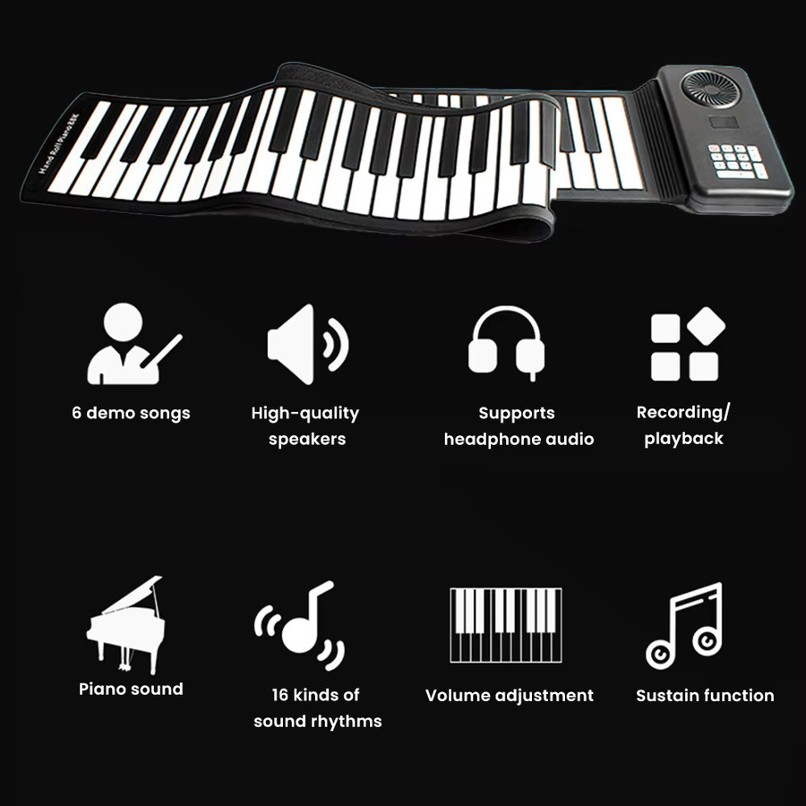 HGTUGO Silikon-Roll-Up-Klavier mit 88 Tasten, tragbare und faltbare elektronische Tastatur mit eingebautem Lautsprecher für Anfänger in Schwarz oder Weiß - Bild 5