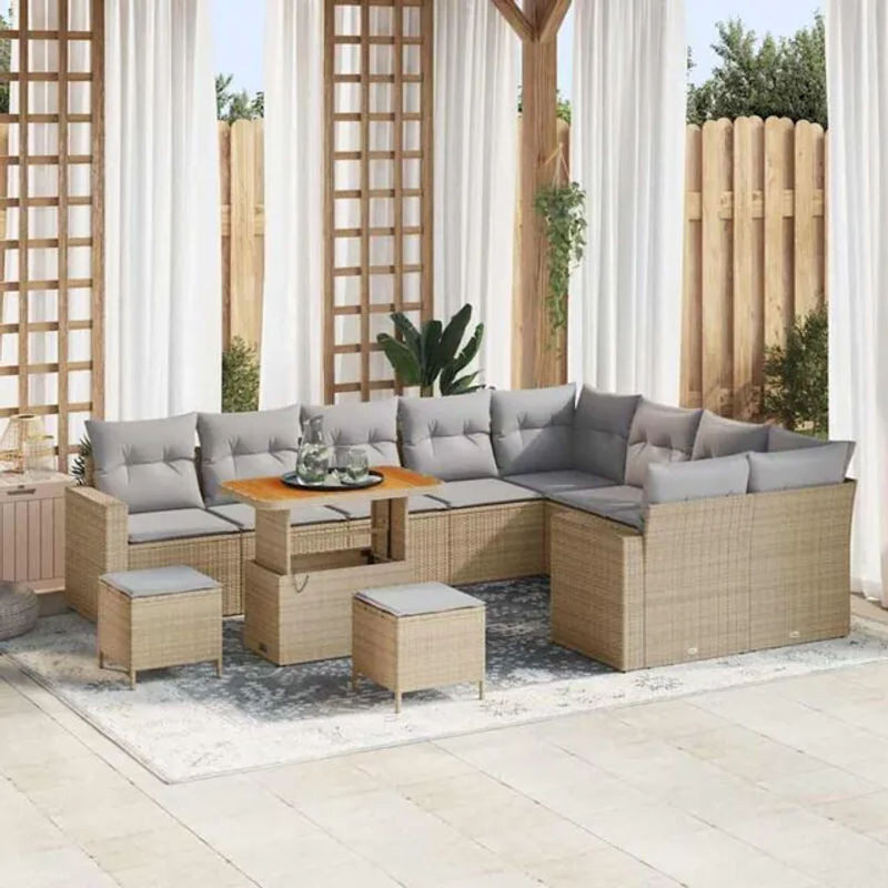 Vidaxl Garten-Sofa-Set aus 11-teiligem Polyrattan und Massivholz in Beige - Bild 1