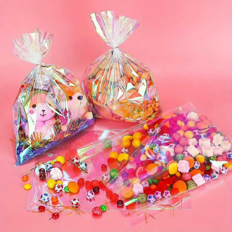 100 Stück schillernde Zellophan-Leckerli-Beutel mit Bändern, holografische Kunststoff-Goody-Beutel für Süßigkeiten und Partygeschenke, Mehrfarbig - Bild 2