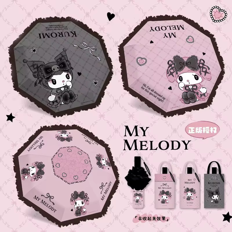 Sanrio Hello Kitty Melody Sonnenschirm mit Spitzenprint, dreifach faltbar und windresistent, Schwarz - Bild 3