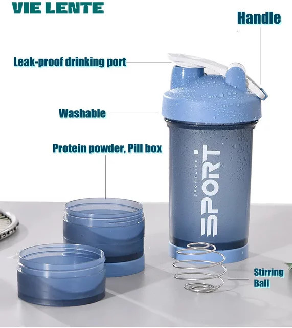 VIE LENTE Sport Shaker Flasche mit 3-Schicht-Protein Pulver Fach, 500 ml, BPA-frei, Pink und Blau - Bild 1