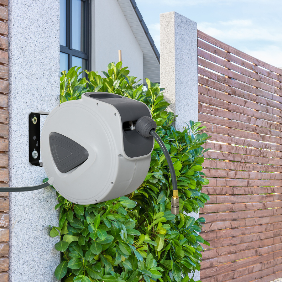 HOMCOM Automatischer Druckluft-Schlauchaufroller Grau, Wandmontage, 15 m Schlauchlänge, Ø innen 3/8 Zoll und 1/4 Zoll BSPT - Bild 2